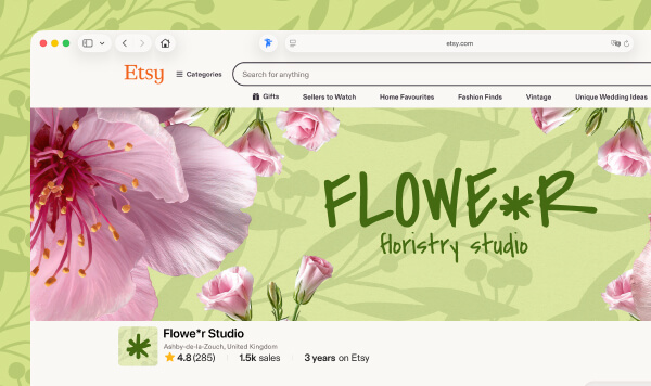 Etsy storefront example showing a custom Big Shop Banner created in Swift Publisher for a floristry shop.