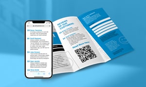 10 Marketing Trends article preview with QR code and tri-fold brochure.