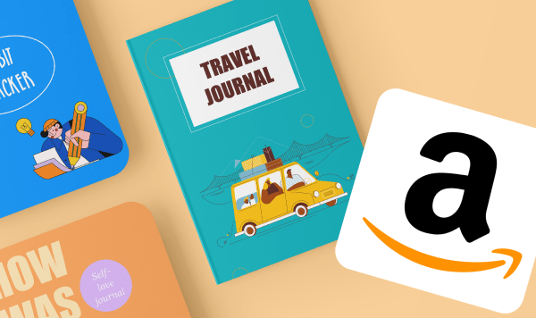 Make Money Selling Journals on Amazon: A Comprehensive Guide article preview with the travel journal and an Amazon logo. 