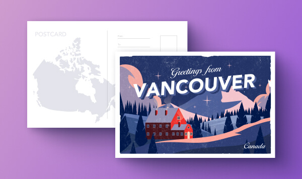 Creating a Single-Sided Greeting Card on a Mac tutorial preview with custom greeting card design featuring a text with greetings from Vancouver.