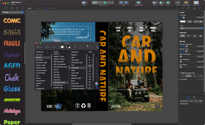 Adding text to the VHS back cover in Swift Publisher for Mac.