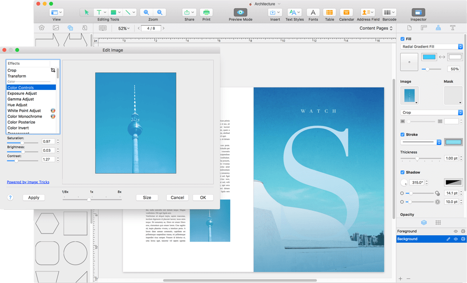Image of a brochure with Image Editing window over it
