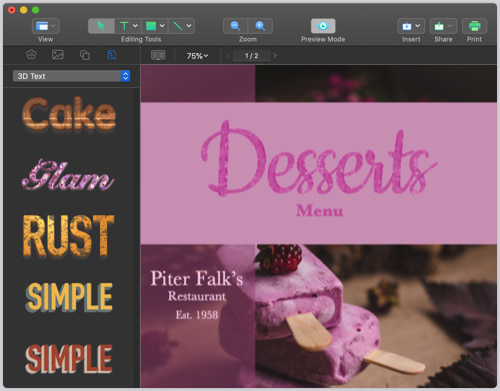 Desserts menu layout template created in Swift Publisher for Mac