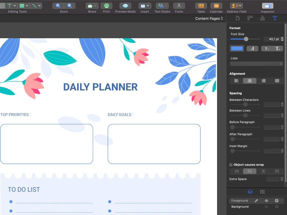 Example of daily planner created in Swift Publisher.