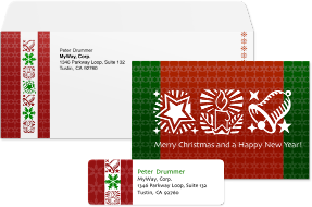 Envelope, postcard and address label with beautiful Christmas design made in Swift Publisher app for Mac