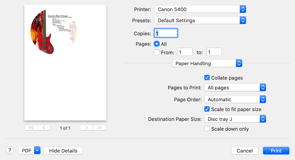 Paper Hangling section of the Print dialog for Canon printers