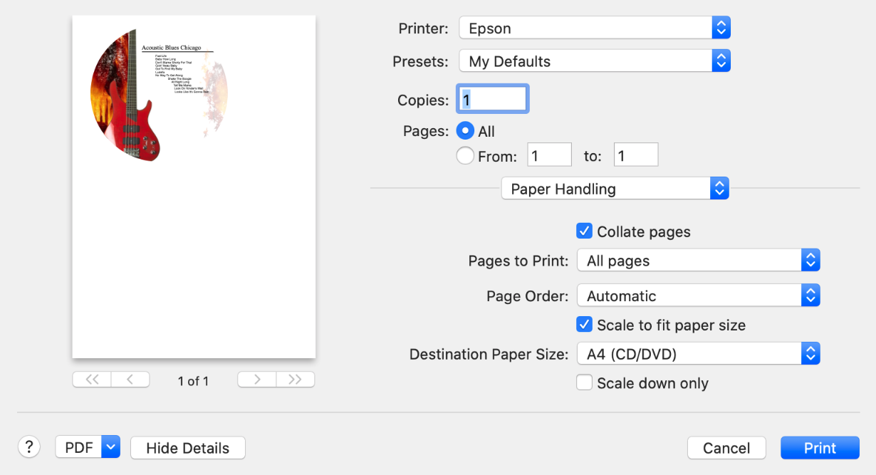 Paper Hangling section of the Print dialog for Epson printers