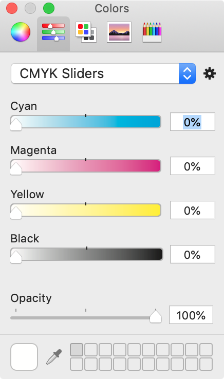 The standard Colors pane with CMYK sliders open.