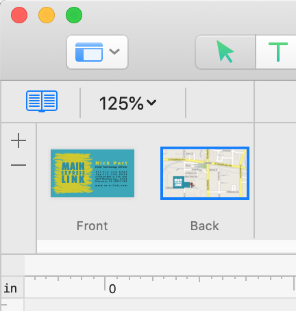 The Pages panel shows two sides of a business card